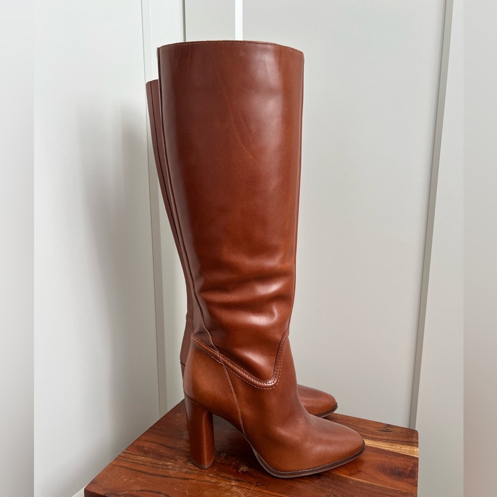 NWOT Vince Camuto Evangee Boot Warm Caramel Knee High Mid Calf Boots Heeled Boot